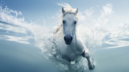 Obraz na płótnie Canvas An ethereal snapshot of a white horse immersed in crystal-clear water, the high-quality photograph against a bright white backdrop conveying a sense of purity and freedom in the natural environment.