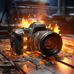 Brennende Fotokamera - obrazy, fototapety, plakaty