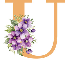Floral alphabet, gold letter e with watercolor violet flowers and leaf. Botanical monogram initials are perfect for wedding invitations, greeting cards, and others. Holiday design hand painting