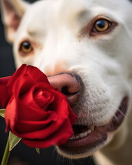 Funny pit bull terrier dog sniffing a rose. Close-up of a white dog smelling a rose. Valentine's Day, Birthday concept. - obrazy, fototapety, plakaty