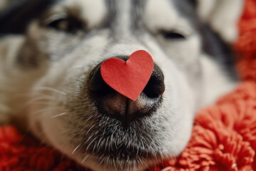 Red paper heart on cute siberian husky dog nose. Happy Valentine's Day, Birthday concept.