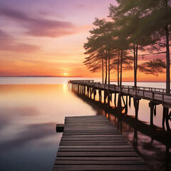 Fototapeta premium A pier with a few trees and a sunset generative ai