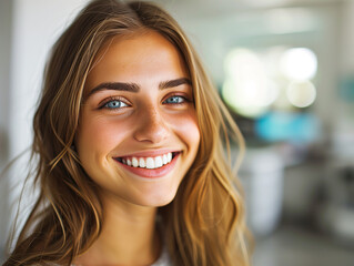 Close-Up of Cheerful Blond Girl with Radiant Smile and White Teeth, Embracing Dental Appointment.
