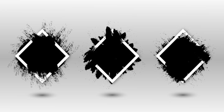 Grunge backgrounds set. Brush black paint ink stroke over square frame. Vector illustration