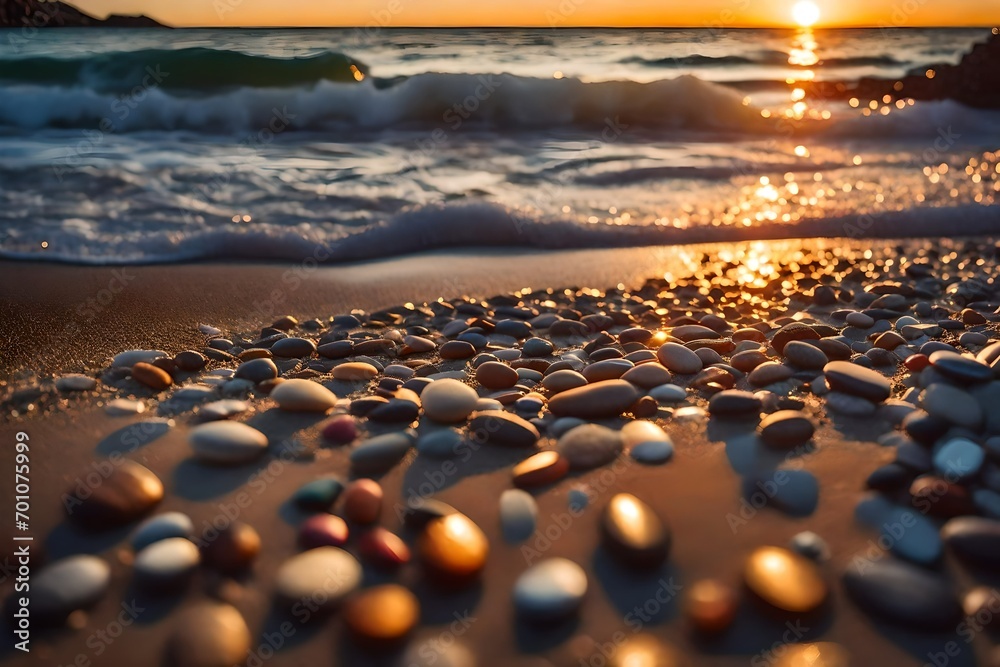 Sticker sunset on the beach, Sunset with pebbles on beach in Nice, France. stock photo