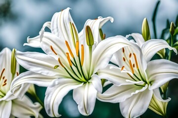 bouquet of white lilies, Lilium longiflorum / Trumpet lily / Easter lily: Fragrant, Outward-facing, Trumpet-shaped, Pure White Flowers stock photo