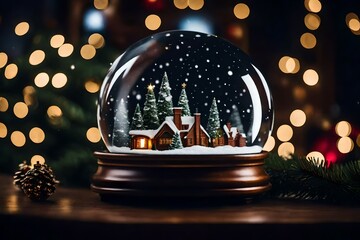 christmas tree and candle, The snow globe stands on a mantel, spreading holiday cheer and capturing the magic of Christmas for all to admire. stock photo