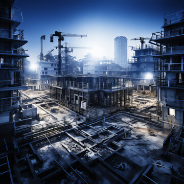  Monochrome photo of blue color, a large construction site