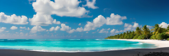 Fototapeta na wymiar Tropical beach images, White sandy shore pictures, Turquoise ocean waves, Maldives island landscapes, Calm ocean panoramas, Sunny day beach photography, Perfect beach day stock photos, Clouds in blue 