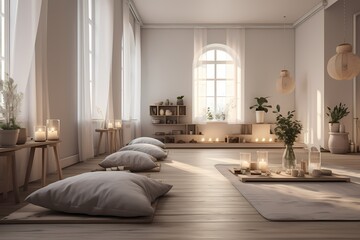 Nordic-themed yoga studio with hygge elements, neutral tones, and cozy blankets for a warm and inviting atmosphere