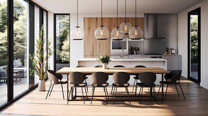 Open-concept dining area featuring a simple table, modern chairs, and a statement pendant light