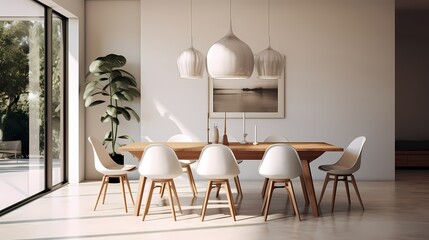 Open-concept dining area featuring a simple table, modern chairs, and a statement pendant light