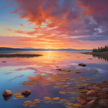 The lake at sunset. Vibrant Sky generative ai