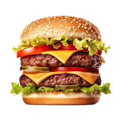 Tasty double beef burger isolated on transparent white background. Big fresh juicy cheeseburger...