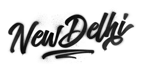 New Delhi city name written in graffiti-style brush script lettering with spray paint effect isolated on transparent background
