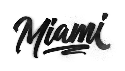 Naklejka premium Miami city name written in graffiti-style brush script lettering with spray paint effect isolated on transparent background