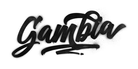 Obraz premium Gambia country name written in graffiti-style brush script lettering with spray paint effect isolated on transparent background