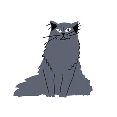 Grey furry adult cat sitting portrait drawing. Sketch of a domestic cat in doodle cartoon style.