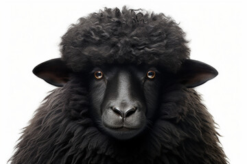 Black Sheep close-up portrait on a white background.