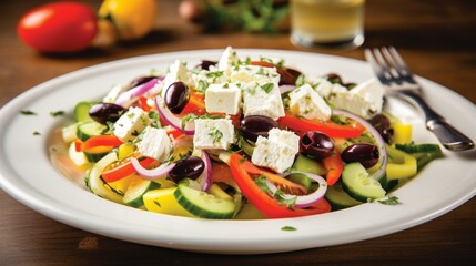 the flavors of the Mediterranean with a colorful and appetizing Greek salad, featuring feta cheese, olives, and crisp vegetables on a white plate.