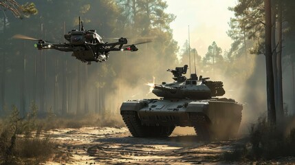 Combat aerial drone attacking a tank