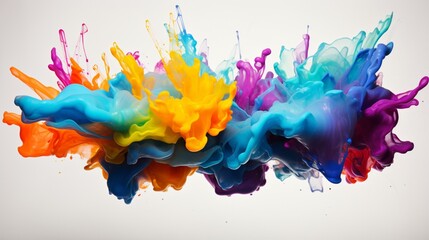 the vibrant energy of a colorful paint splash frozen in mid-air, its vivid hues suspended against the pristine white backdrop, creating a dynamic and visually striking composition.