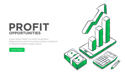 Profit growth concept. Isometric hand drawn vector illustration of profit growth vector concept for web design