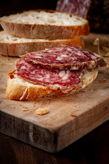 Slices of italian salami on slices of rustic bread. Front view.