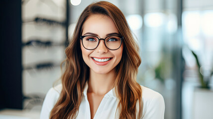 Obraz premium The best eyewear brands in the optometry business. Shot of a young woman buying a new pair of glasses at an optometrist store.