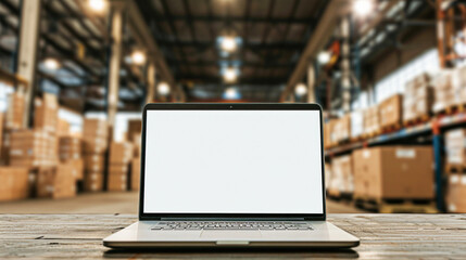 Laptop with white blank screen on brown wooden desk and blurred warehouse store background - obrazy, fototapety, plakaty