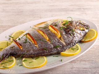 Baked lemon seabass fish