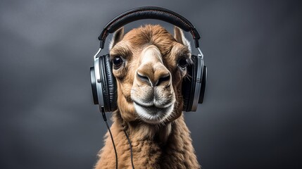 Trendy Camel Wearing Modern Wireless Headphones on Plain Background with Space for Text