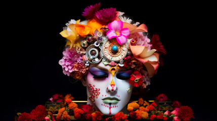Creepy statue of woman's skull-head with flowers on black background