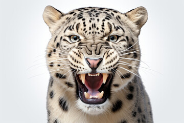 Obraz premium Snow Leopard roaring close-up portrait on a white background