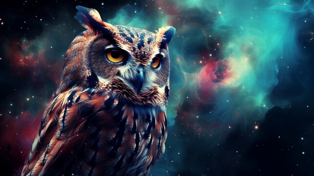 Owl nebula bird portrait against the background of universe as a sign ow wisdom and eternally growing knowledge and wisdom