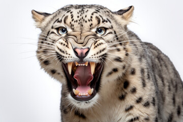 Obraz premium Snow Leopard roaring close-up portrait on a white background