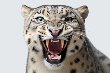 Obraz premium Snow Leopard roaring close-up portrait on a white background