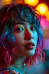 Naklejka premium Neon Glow Youthful Portrait. Young woman's face illuminated by neon lights. image.