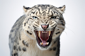 Obraz premium Snow Leopard roaring close-up portrait on a white background