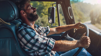Truck driver fell asleep behind the wheel - obrazy, fototapety, plakaty