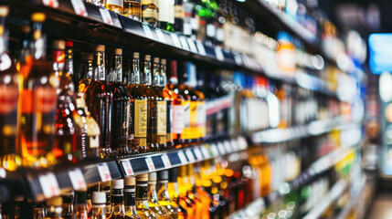 Rows of alcohol bottles on shelf in supermarket