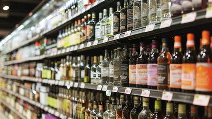 Selbstklebende Fototapeten Rows of alcohol bottles on shelf in supermarket © Kondor83