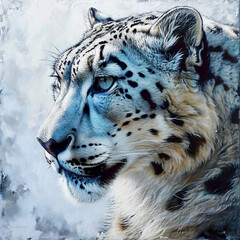 Snow Leopard close-up portrait on a snowy environment artistic representation.
