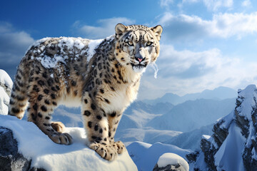 Fototapeta premium Snow leopard standing on a rocky, snow-covered mountain landscape, right-side portrait