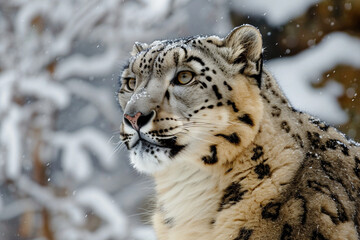 Fototapeta premium Snow Leopard close-up portrait on a rocky, snow-covered mountain landscape.