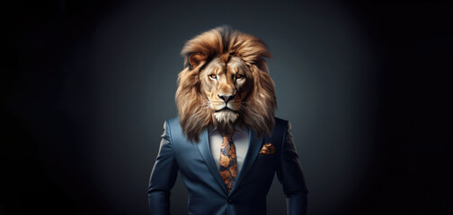 Anthropomorphic realistic lion director, boss in elegant business suit, white shirt and tie. Large portrait on blue background. Fantastic business concept. Commercial advertising banner. Close-up. 