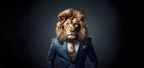 Raamstickers Anthropomorphic realistic lion director, boss in elegant business suit, white shirt and tie. Large portrait on blue background. Fantastic business concept. Commercial advertising banner. Close-up.  © Irina