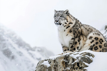 Obraz premium Snow Leopard sitting on a rocky, snow-covered mountain landscape, three-quarter close-up portrait