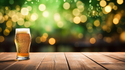 St. Patrick's Day celebration concept - glass with cold foamy beer drink on empty wooden tabletop, green background - obrazy, fototapety, plakaty