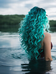 Ilustración de chica de pelo azul adentrándose en las aguas - obrazy, fototapety, plakaty